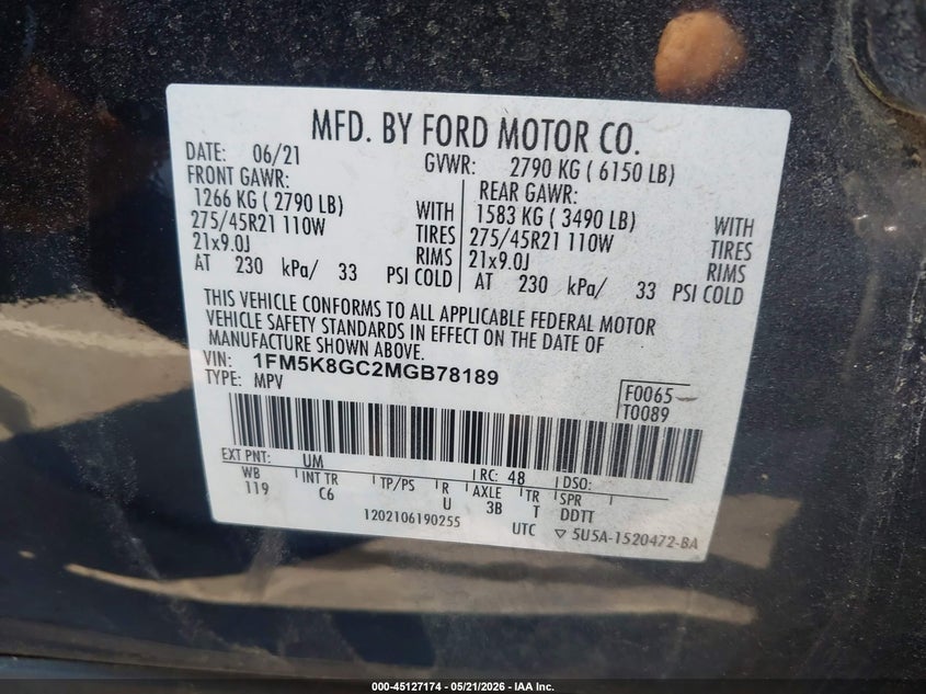 2021 Ford Explorer VIN 1FM5K8GC2MGB78189 IAAI salvage auction — LEFT SIDE, Salvage (North Carolina), sold $7,400 on 2026-07-29 (photo 9)
