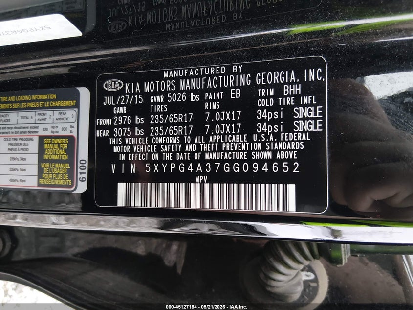 2016 Kia Sorento VIN 5XYPG4A37GG094652 IAAI salvage auction — HAIL, Clear (Missouri), sold $1,150 on 2026-07-13 (photo 9)