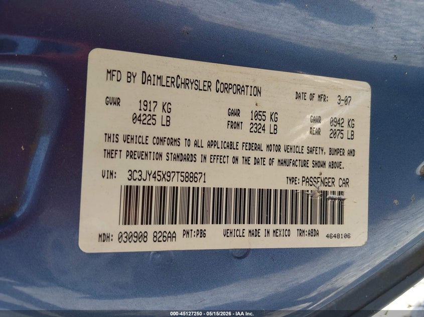 2007 Chrysler Pt cruiser VIN 3C3JY45X97T588671 IAAI salvage auction — NORMAL WEAR, Clear (Alabama), sold $225 on 2026-07-09 (photo 9)