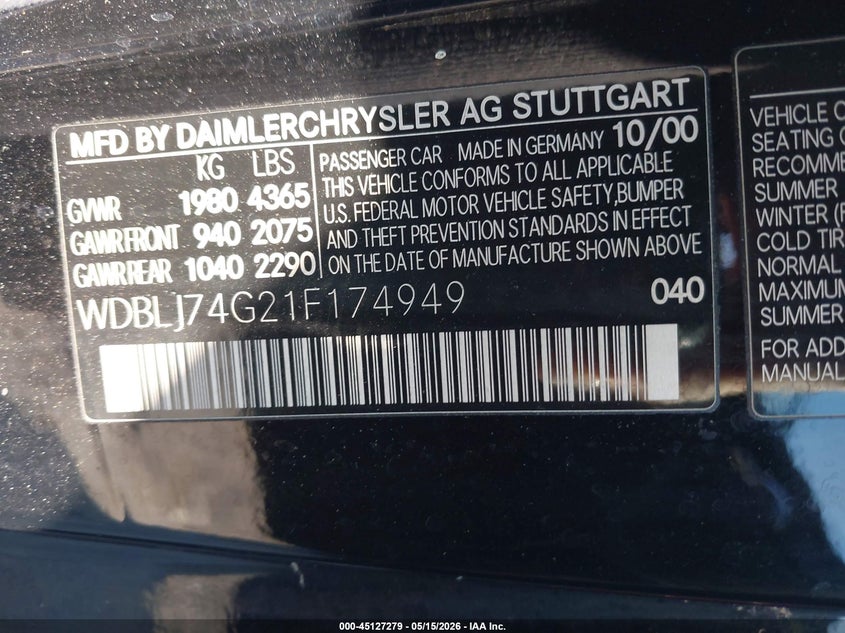 2001 Mercedes-benz Clk-klasse amg VIN WDBLJ74G21F174949 IAAI salvage auction — REAR END, Clear (Tennessee), sold $2,975 on 2026-07-13 (photo 9)