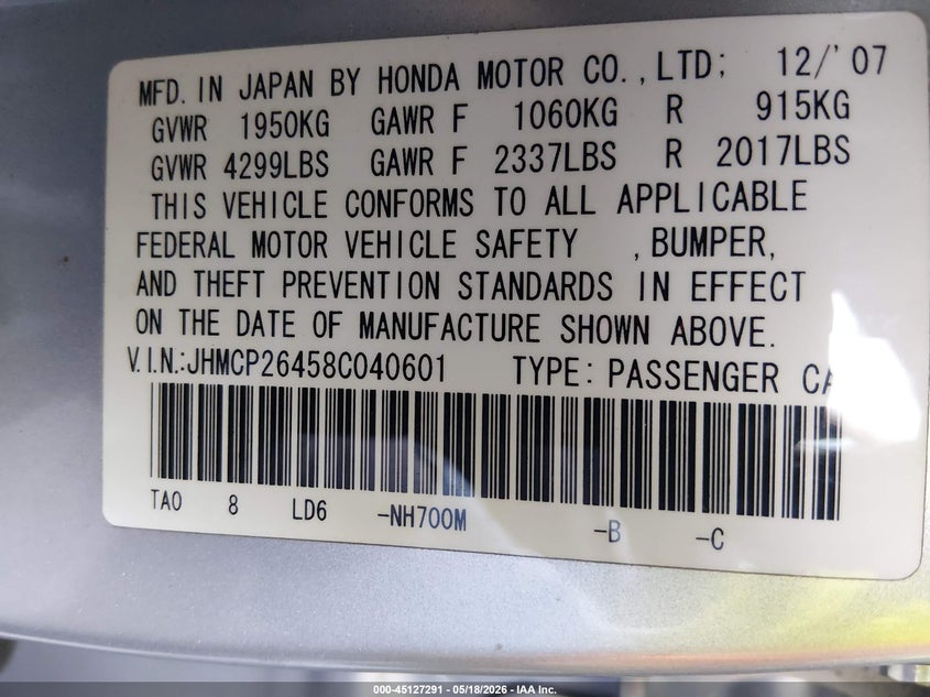 2008 Honda Accord VIN JHMCP26458C040601 IAAI salvage auction — REAR END, Salvage (California), sold $1,250 on 2026-07-16 (photo 9)