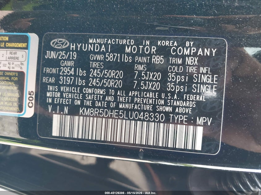 2020 Hyundai Palisade VIN KM8R5DHE5LU048330 IAAI salvage auction — LEFT SIDE, Salvage (New Jersey), sold $7,500 on 2026-07-28 (photo 9)