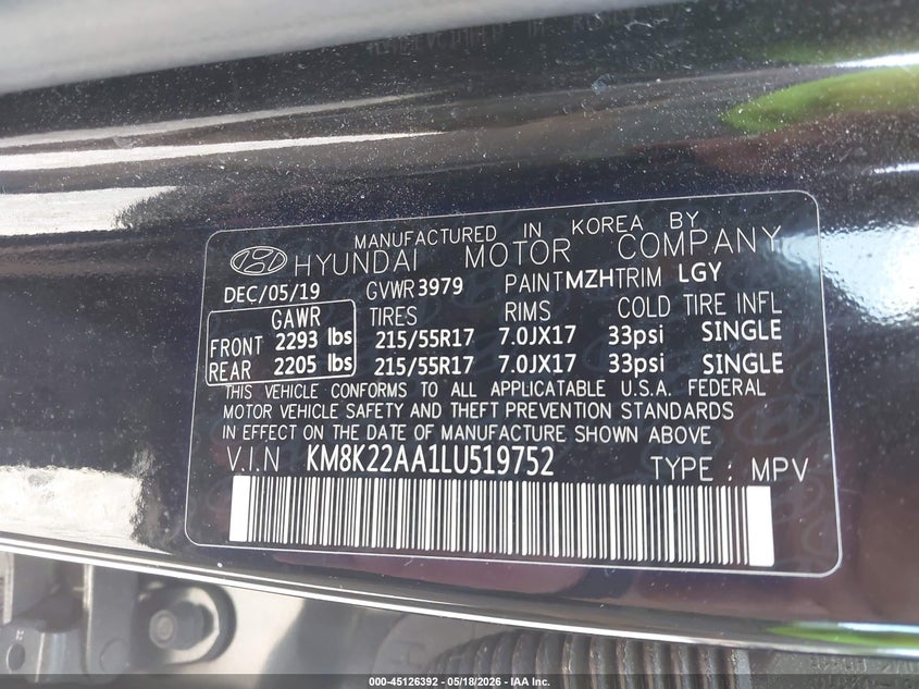 2020 Hyundai Kona VIN KM8K22AA1LU519752 IAAI salvage auction — REAR END, Salvage (Virginia), sold $3,750 on 2026-07-14 (photo 9)