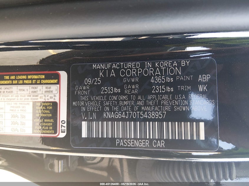 2026 Kia K5 VIN KNAG64J70T5438957 IAAI salvage auction — REAR END, Salvage (South Carolina), sold $25 on 2026-07-29 (photo 9)