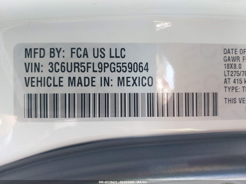 2023 Ram 2500 VIN 3C6UR5FL9PG559064 IAAI salvage auction — REAR END, Salvage (California), sold $30,050 on 2026-07-20 (photo 9)
