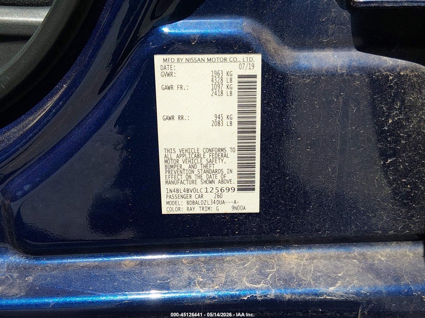 2020 Nissan Altima VIN 1N4BL4BV0LC125699 IAAI salvage auction — HAIL, Salvage (Missouri), sold $3,625 on 2026-07-20 (photo 9)