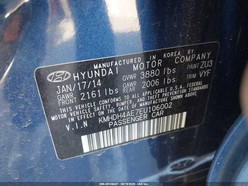 2014 Hyundai Elantra VIN KMHDH4AE7EU106002 IAAI salvage auction — RIGHT FRONT, Salvage (Arizona), sold $425 on 2026-07-14 (photo 9)