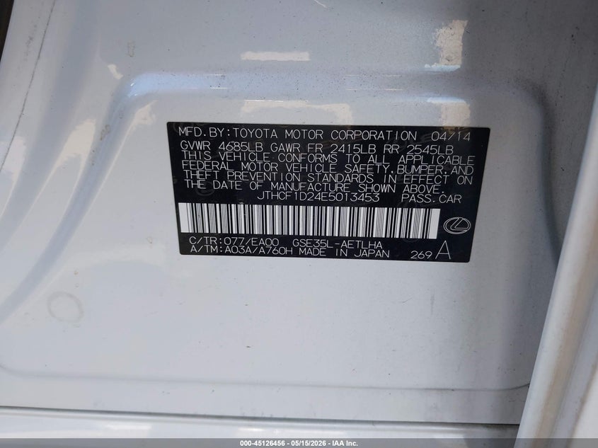 2014 Lexus Is VIN JTHCF1D24E5013453 IAAI salvage auction — REAR END, Salvage (Minnesota), sold $4,725 on 2026-07-29 (photo 9)