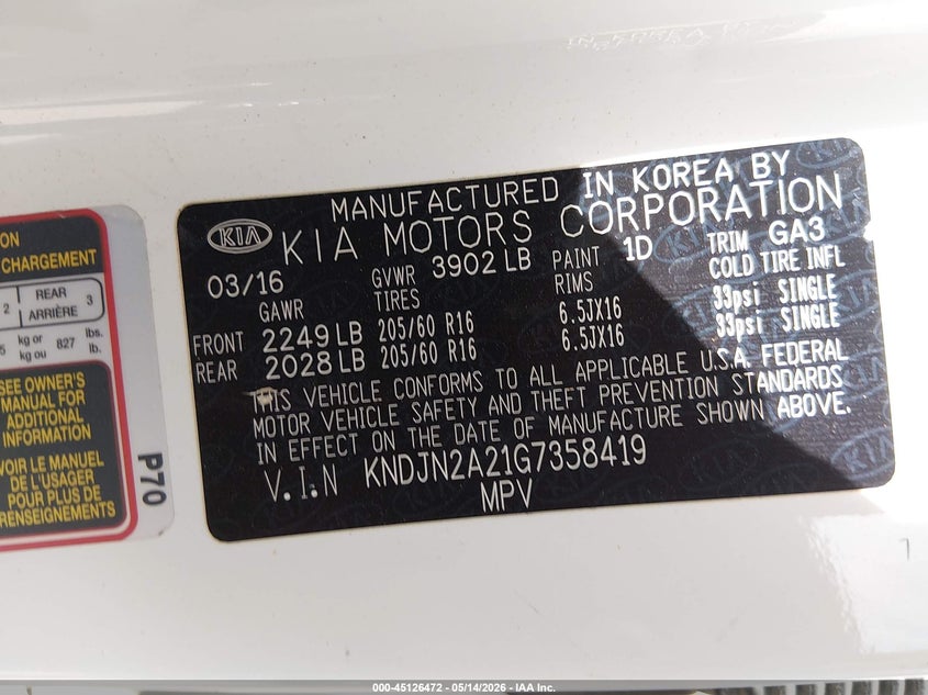 2016 Kia Soul VIN KNDJN2A21G7358419 IAAI salvage auction — LEFT FRONT, Original (Texas), sold $925 on 2026-07-08 (photo 9)