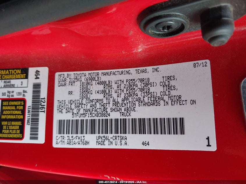 2012 Toyota Tundra VIN 5TFUM5F15CX038824 IAAI salvage auction — FRONT END, Salvage - Greater Than 75% (Maryland), sold $2,400 on 2026-07-22 (photo 9)