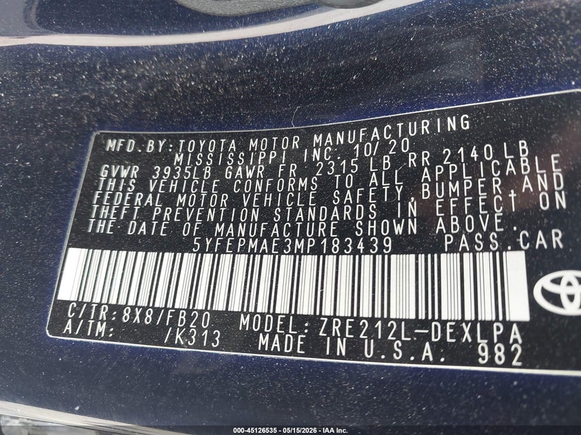 2021 Toyota Corolla VIN 5YFEPMAE3MP183439 IAAI salvage auction — LEFT FRONT, Original (Texas), sold $4,175 on 2026-07-28 (photo 9)