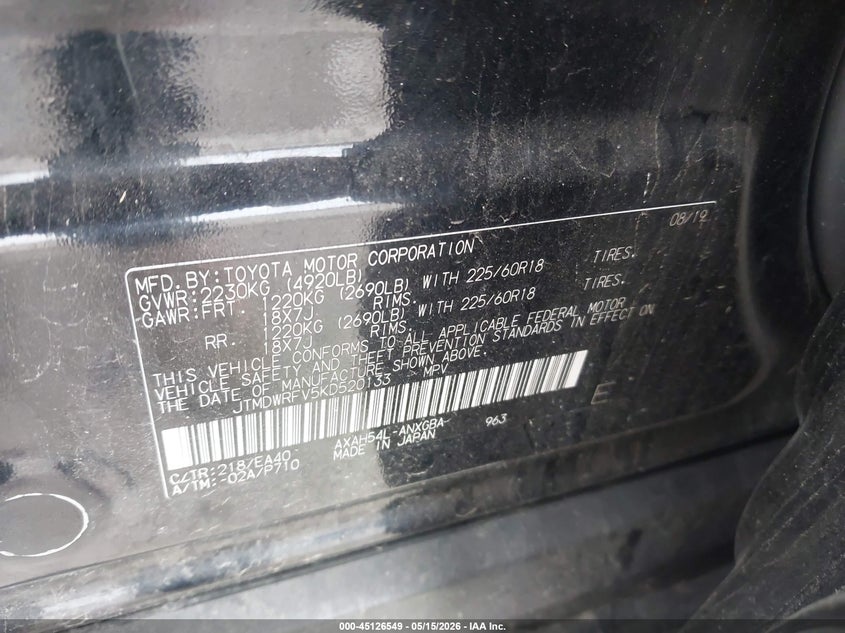 2019 Toyota Rav 4 VIN JTMDWRFV5KD520133 IAAI salvage auction — FRONT END, Salvage (Illinois), sold $9,700 on 2026-07-22 (photo 9)