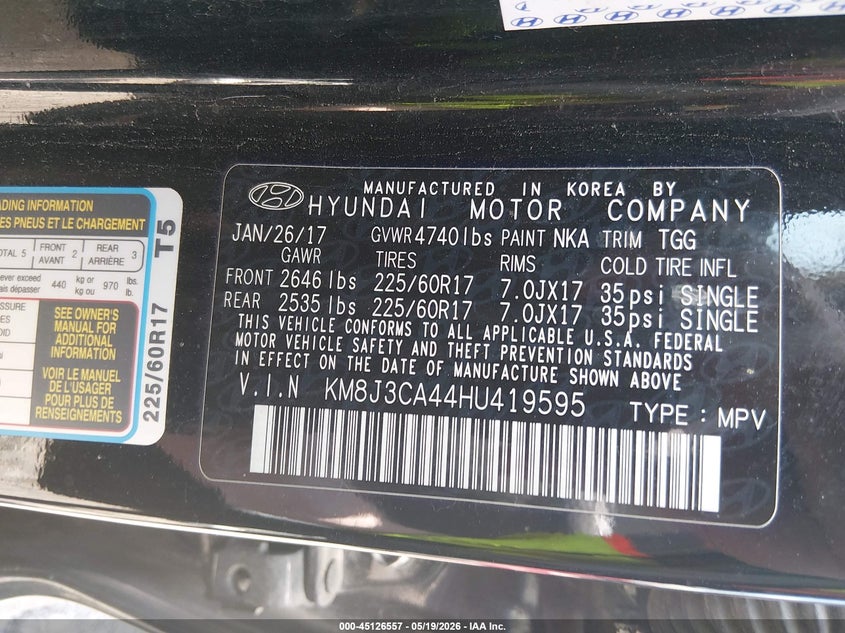 2017 Hyundai Tucson VIN KM8J3CA44HU419595 IAAI salvage auction — NORMAL WEAR, Original (Ohio), sold $500 on 2026-07-29 (photo 9)