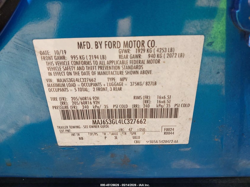 2020 Ford Ecosport VIN MAJ6S3GL4LC327662 IAAI salvage auction — FRONT END, Salvage (Indiana), sold $350 on 2026-07-22 (photo 9)