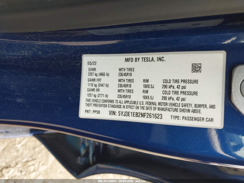2022 Tesla Model 3 VIN 5YJ3E1EB2NF261623 IAAI salvage auction — REAR END, Original (Texas), sold $9,800 on 2026-07-16 (photo 9)