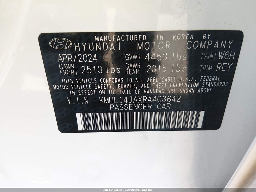 2024 Hyundai Sonata VIN KMHL14JAXRA403642 IAAI salvage auction — FRONT & REAR, Salvage (Massachusetts), sold $9,100 on 2026-07-21 (photo 9)