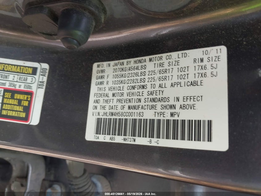 2012 Honda Cr-v VIN JHLRM4H58CC001163 IAAI salvage auction — FRONT END, Clear (Massachusetts), sold $1,650 on 2026-07-09 (photo 9)