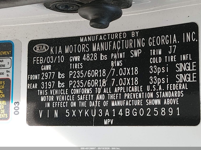 2011 Kia Sorento VIN 5XYKU3A14BG025891 IAAI salvage auction — REAR END, Salvage (Kentucky), sold $525 on 2026-07-26 (photo 9)