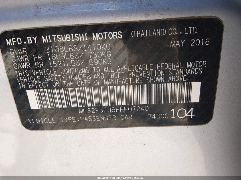 2017 Mitsubishi Mirage VIN ML32F3FJ6HHF07240 IAAI salvage auction — NORMAL WEAR, Salvage (Texas), sold $325 on 2026-07-13 (photo 9)