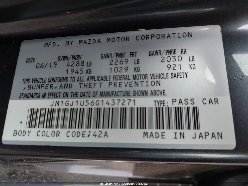 2016 Mazda 6 VIN JM1GJ1U56G1437271 IAAI salvage auction — FRONT END, Salvage (Ohio), sold $375 on 2026-07-07 (photo 9)