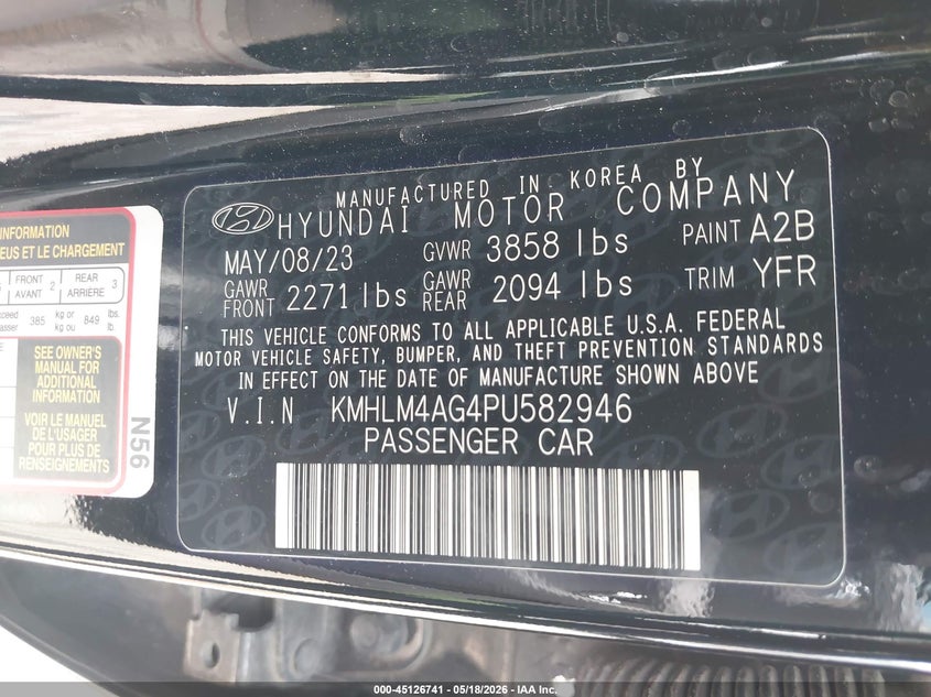2023 Hyundai Elantra VIN KMHLM4AG4PU582946 IAAI salvage auction — FRONT END, Original (Texas), sold $4,250 on 2026-07-29 (photo 9)