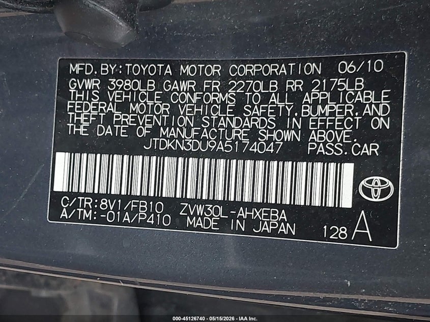 2010 Toyota Prius VIN JTDKN3DU9A5174047 IAAI salvage auction — NORMAL WEAR, Salvage (Texas), sold $650 on 2026-07-29 (photo 9)