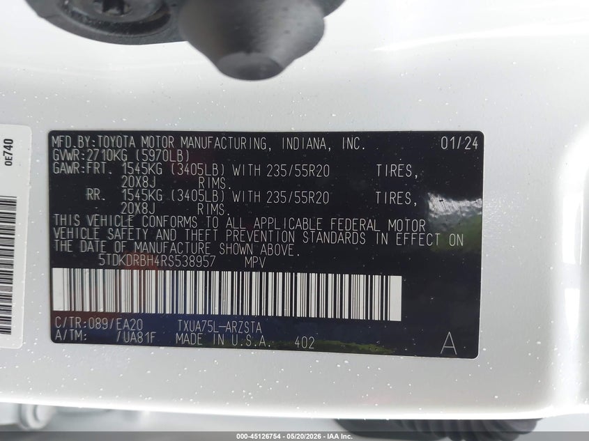2024 Toyota Highlander VIN 5TDKDRBH4RS538957 IAAI salvage auction — RIGHT SIDE, Salvage (Texas), sold $22,150 on 2026-07-14 (photo 9)