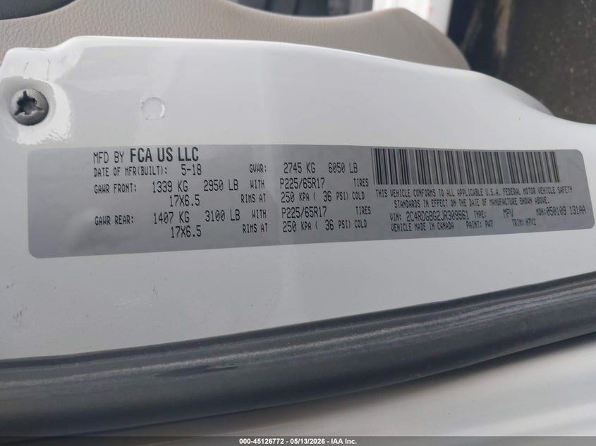 2018 Dodge Grand caravan VIN 2C4RDGBG2JR309961 IAAI salvage auction — NORMAL WEAR, Sf97 (Utah), sold $14,075 on 2026-07-08 (photo 9)
