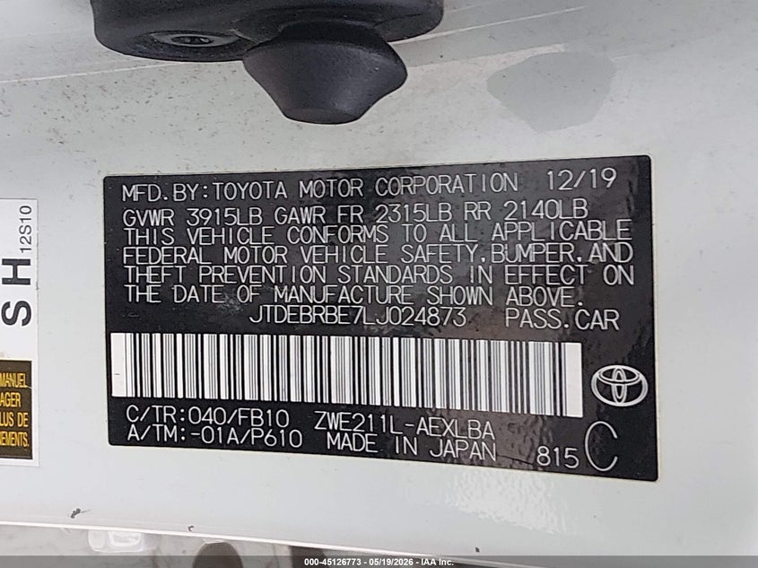 2020 Toyota Corolla VIN JTDEBRBE7LJ024873 IAAI salvage auction — FRONT END, Salvage (Idaho), sold $5,700 on 2026-07-15 (photo 9)
