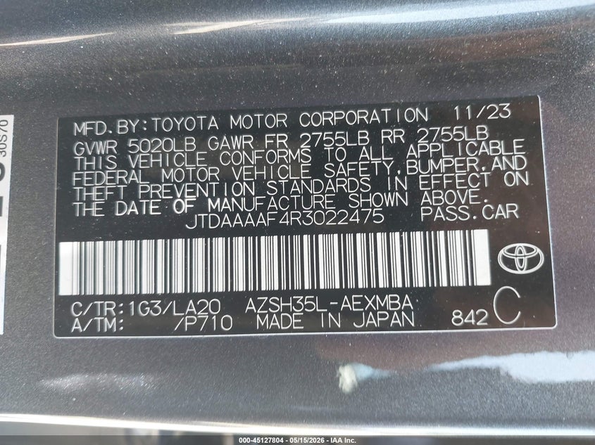 2024 Toyota Crown VIN JTDAAAAF4R3022475 IAAI salvage auction — FRONT END, Salvage (Utah), sold $15,250 on 2026-07-09 (photo 9)