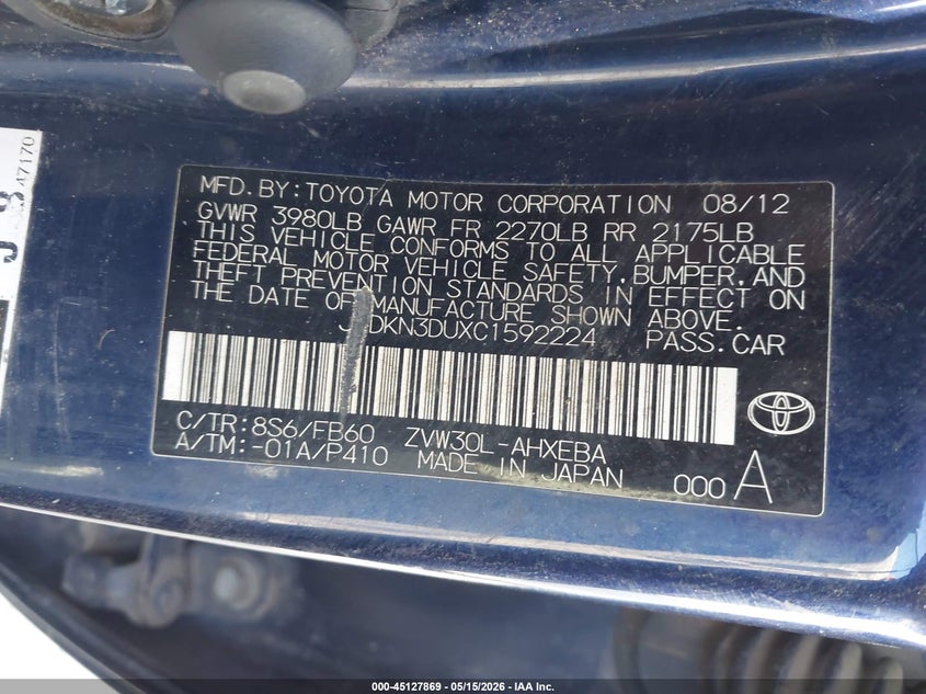2012 Toyota Prius VIN JTDKN3DUXC1592224 IAAI salvage auction — LEFT FRONT, Salvage (California), sold $2,175 on 2026-07-09 (photo 9)