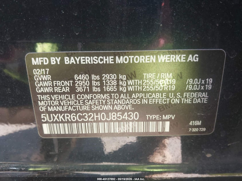 2017 BMW X5 VIN 5UXKR6C32H0J85430 IAAI salvage auction — RIGHT FRONT, Mv-907A (New York), sold $4,725 on 2026-07-07 (photo 9)