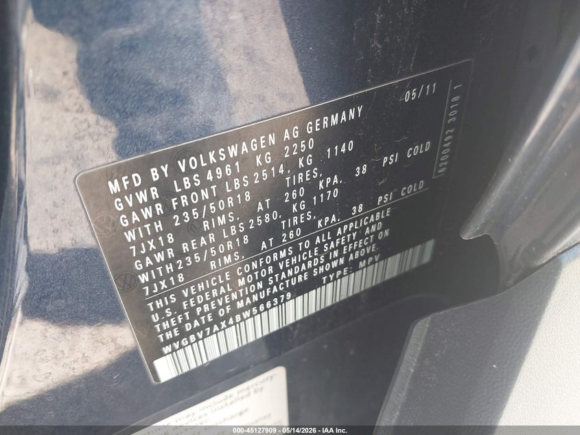 2011 Volkswagen Tiguan VIN WVGBV7AX4BW566379 IAAI salvage auction — HAIL, Junk Bill Of Sale Mv2459 (Wisconsin), sold $375 on 2026-07-08 (photo 9)