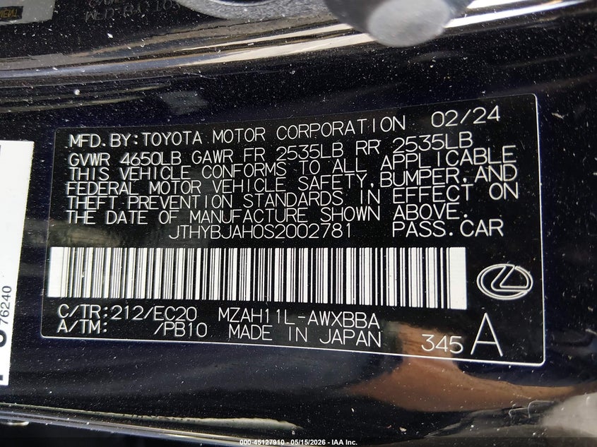 2025 Lexus Ux VIN JTHYBJAH0S2002781 IAAI salvage auction — REAR END, Salvage (Nevada), sold $25 on 2026-07-24 (photo 9)