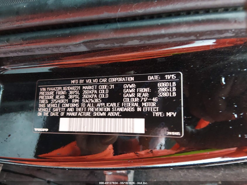 2016 Volvo Xc90 VIN YV4A22PLXG1048231 IAAI salvage auction — FRONT END, Salvage (Missouri), sold $4,000 on 2026-07-07 (photo 9)