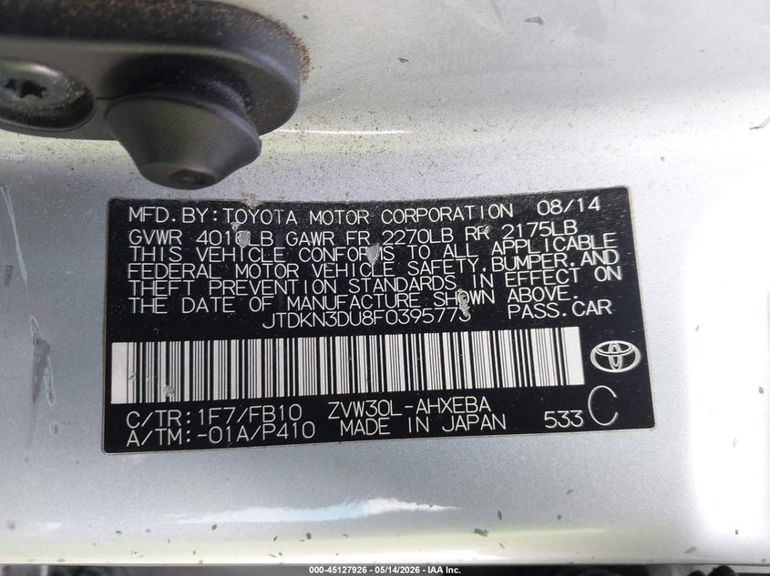 2015 Toyota Prius VIN JTDKN3DU8F0395773 IAAI salvage auction — NORMAL WEAR, App For Dup Clear (California), sold $1,125 on 2026-07-29 (photo 9)
