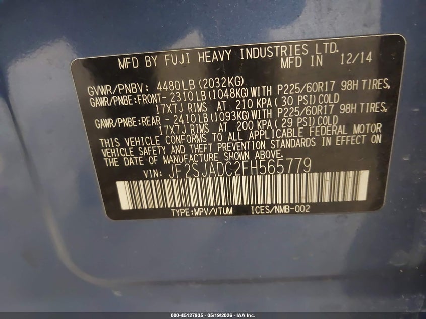 2015 Subaru Forester VIN JF2SJADC2FH565779 IAAI salvage auction — LEFT FRONT, Salvage (Colorado), sold $600 on 2026-07-29 (photo 9)