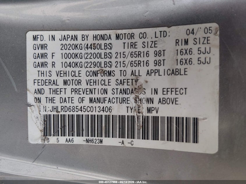 2005 Honda Cr-v VIN JHLRD68545C013406 IAAI salvage auction — NORMAL WEAR, Clear (Michigan), sold $250 on 2026-07-07 (photo 9)