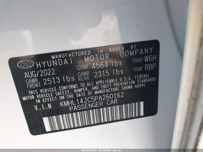 2023 Hyundai Sonata VIN KMHL14JC5PA260162 IAAI salvage auction — LEFT FRONT, Salvage (Illinois), sold $7,100 on 2026-07-22 (photo 9)