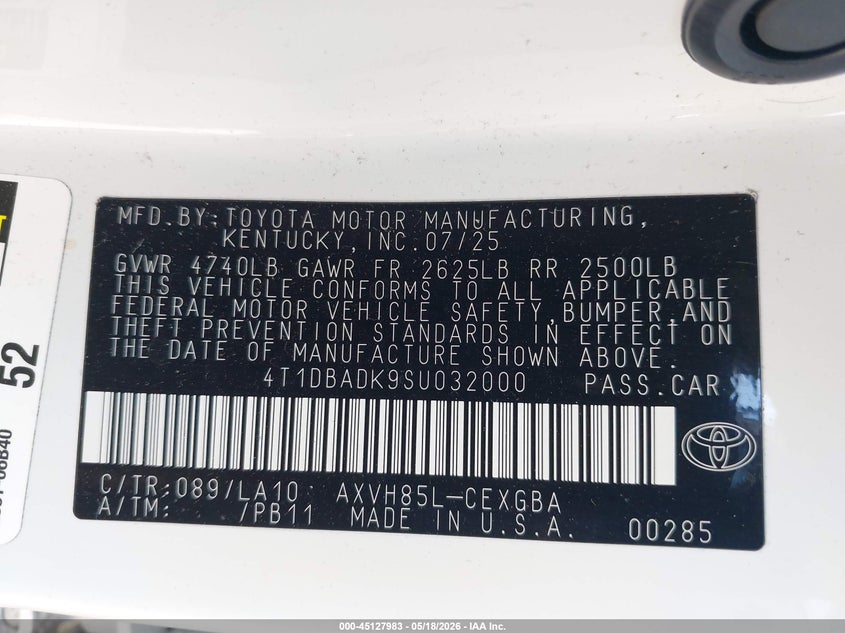 2025 Toyota Camry VIN 4T1DBADK9SU032000 IAAI salvage auction — BIOHAZARD/CHEMICAL, Mv-907A (New York), sold $9,000 on 2026-07-31 (photo 9)