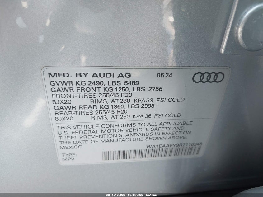 2024 Audi Q5 VIN WA1EAAFY9R2116248 IAAI salvage auction — LEFT REAR, Salvage Certificate (California), sold $21,800 on 2026-07-15 (photo 9)