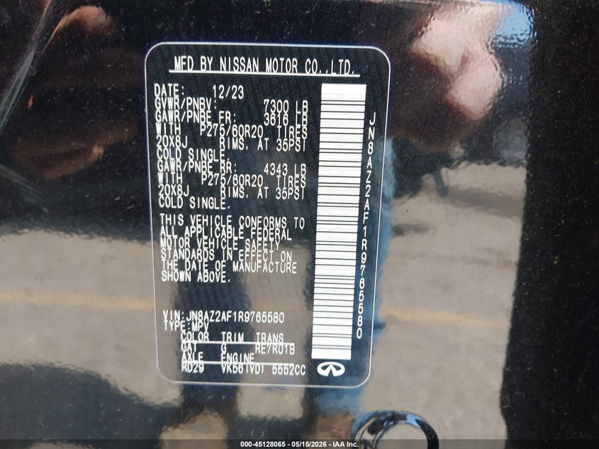 2024 Infiniti Qx80 VIN JN8AZ2AF1R9765580 IAAI salvage auction — FRONT END, Original (Texas), sold $16,600 on 2026-07-29 (photo 9)
