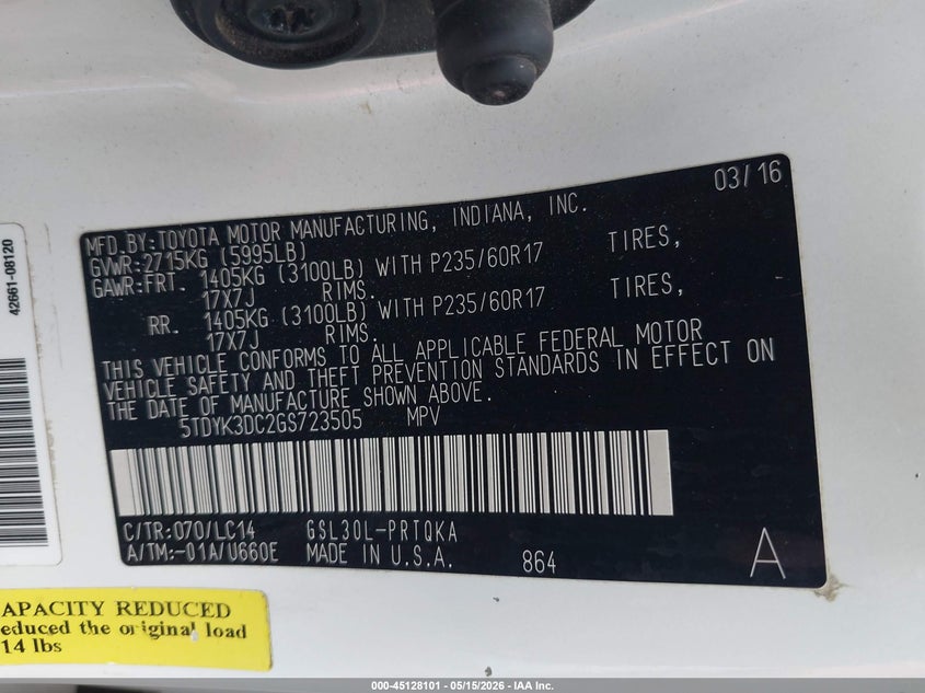 2016 Toyota Sienna VIN 5TDYK3DC2GS723505 IAAI salvage auction — REAR END, Salvage (Texas), sold $4,500 on 2026-07-21 (photo 9)