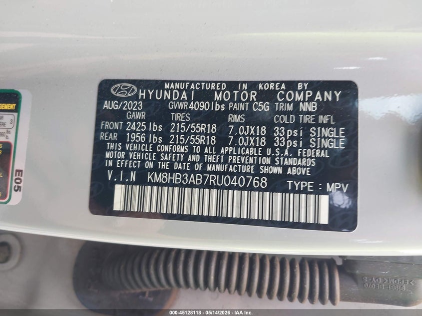 2024 Hyundai Kona VIN KM8HB3AB7RU040768 IAAI salvage auction — REAR END, Salvage (Hawaii), sold $1,300 on 2026-07-28 (photo 9)