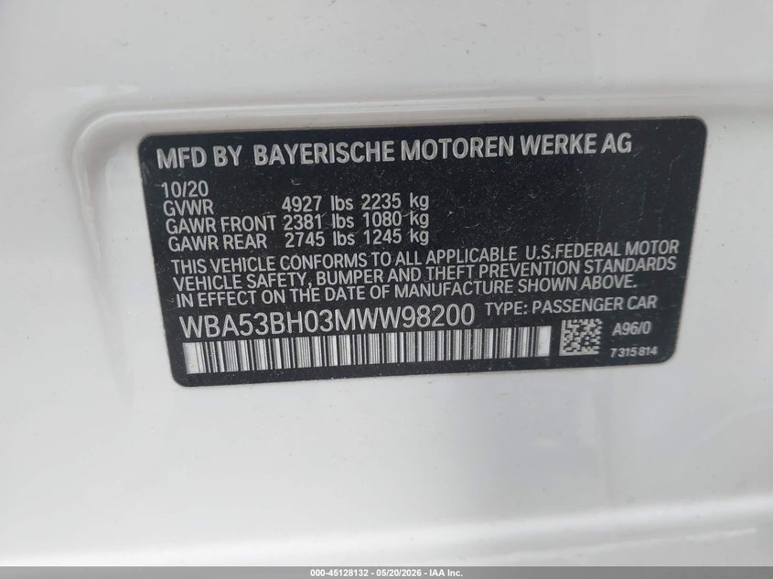 2021 BMW 5er VIN WBA53BH03MWW98200 IAAI salvage auction — HAIL, Salvage (Ohio), sold $15,350 on 2026-07-06 (photo 9)