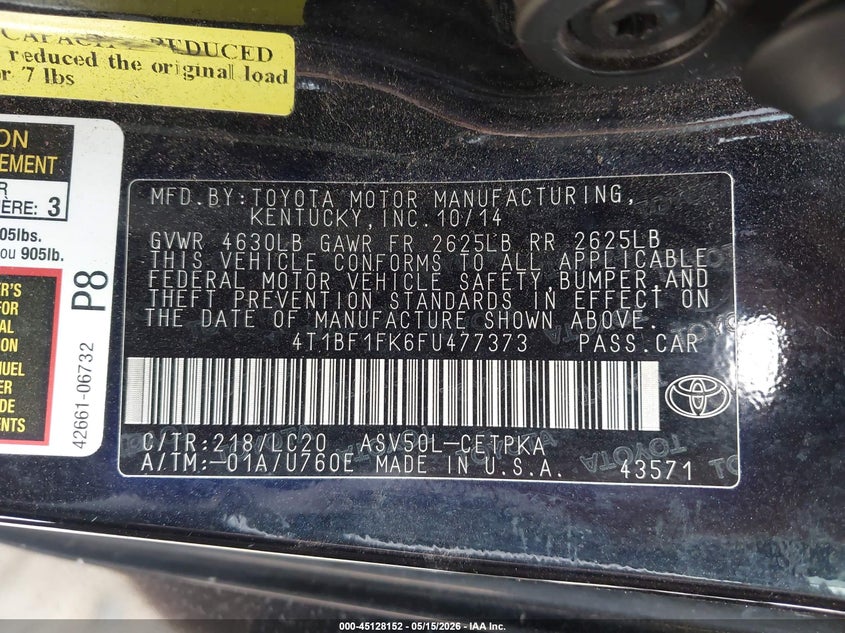 2015 Toyota Camry VIN 4T1BF1FK6FU477373 IAAI salvage auction — SIDE, Original (Texas), sold $2,000 on 2026-07-09 (photo 9)