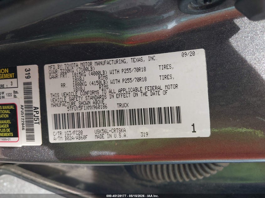 2021 Toyota Tundra VIN 5TFUY5F1XMX960186 IAAI salvage auction — FRONT END, Salvage (Texas), sold $8,100 on 2026-07-15 (photo 9)