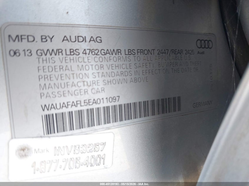 2014 Audi A4 VIN WAUAFAFL5EA011097 IAAI salvage auction — NORMAL WEAR, Clear - Dealer Only (California), sold $150 on 2026-07-28 (photo 9)
