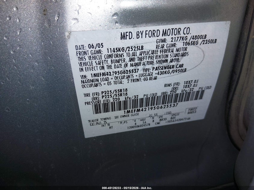 2005 Mercury Montego VIN 1MEFM42195G625537 IAAI salvage auction — RIGHT REAR, Salvage (Idaho), sold $150 on 2026-07-10 (photo 9)