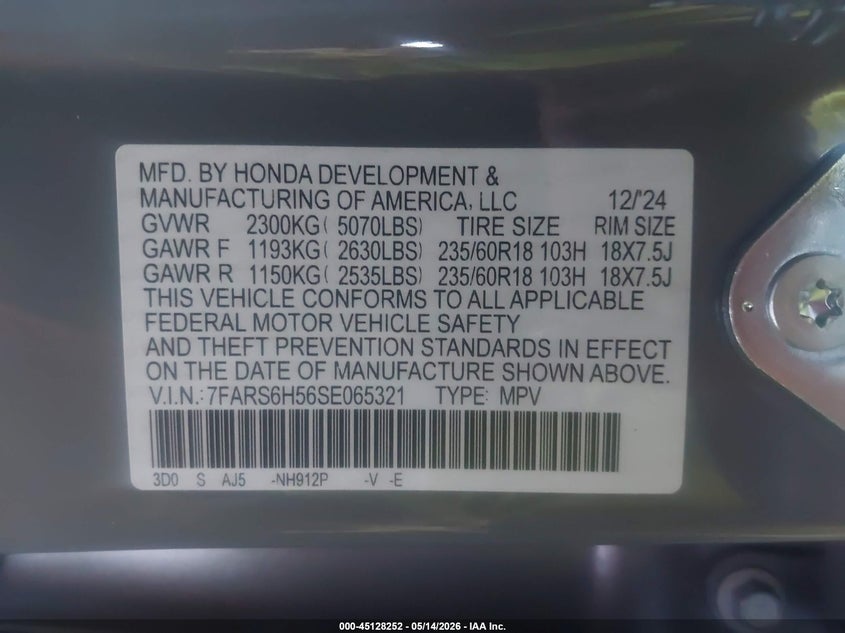 2025 Honda Cr-v VIN 7FARS6H56SE065321 IAAI salvage auction — LEFT REAR, Salvage (California), sold $2,550 on 2026-07-21 (photo 9)